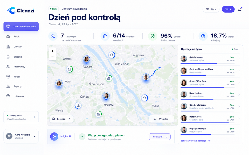 Centrum dowodzenia Cleanzi z mapą aktywnych zespołów, jakością usług i rentownością